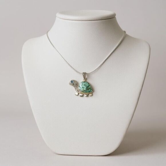 Sterling Silver Turtle Necklace with Genuine Number 8 Turquoise & Marcasite - Picture 2 of 5